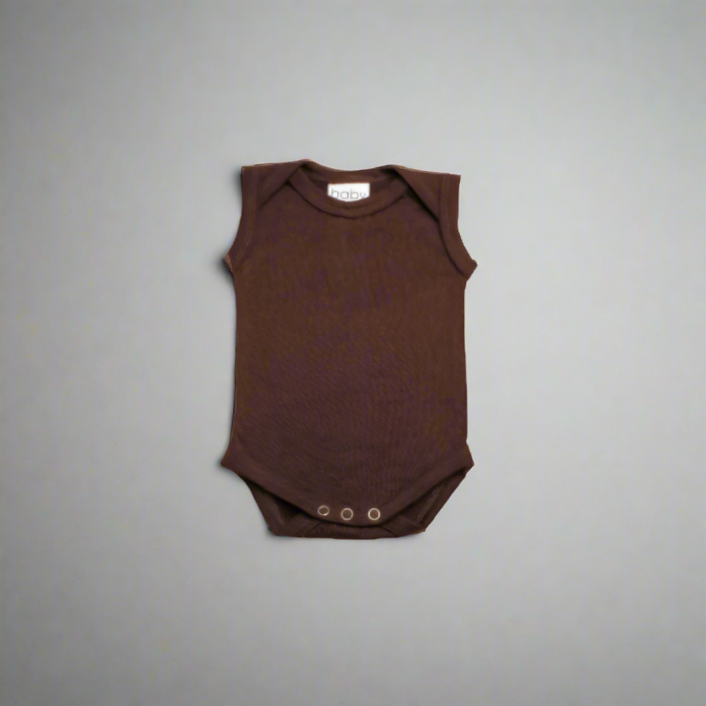 Brown merino wool baby singlet bodysuit made in New Zealand by Baby Caterpillar