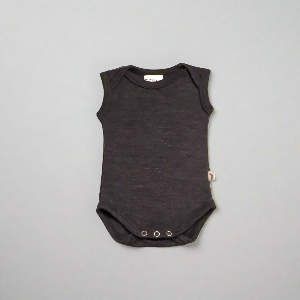 Charcoal grey merino wool baby singlet bodysuit made in New Zealand by Baby Caterpillar