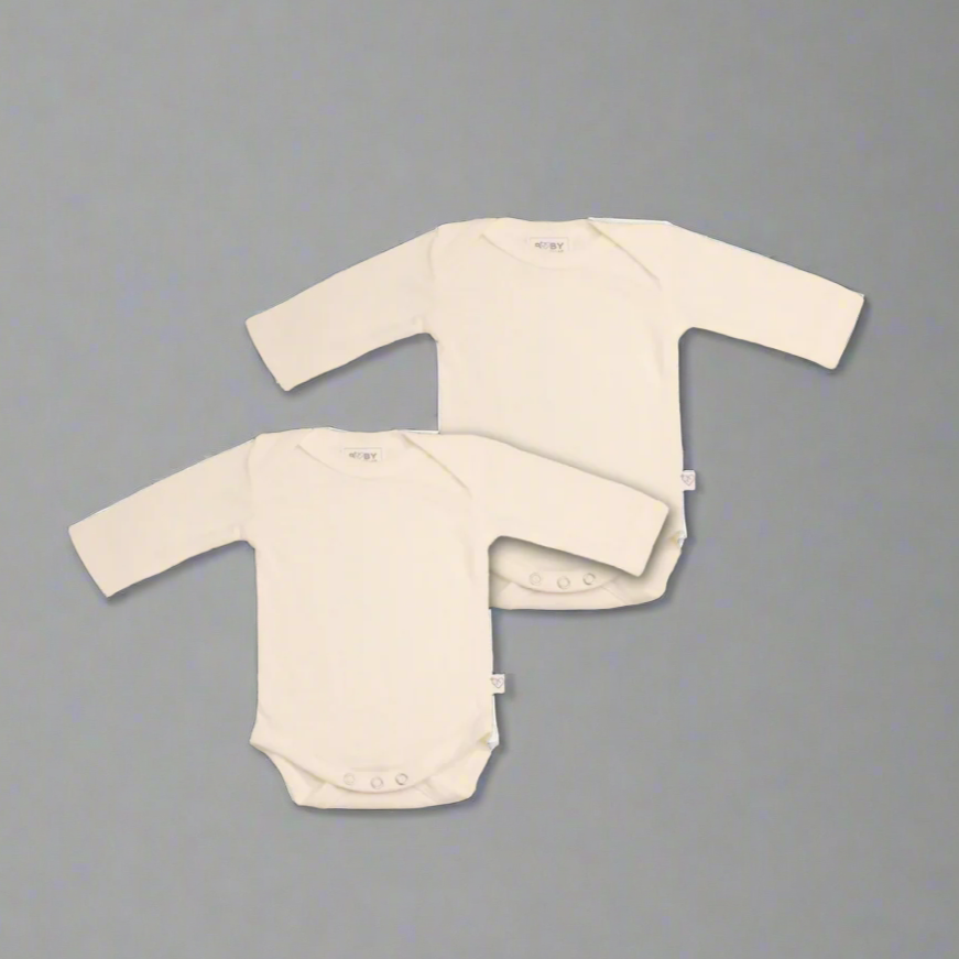 Cream merino wool baby long-sleeve bodysuit x2 made in New Zealand by Baby Caterpillar