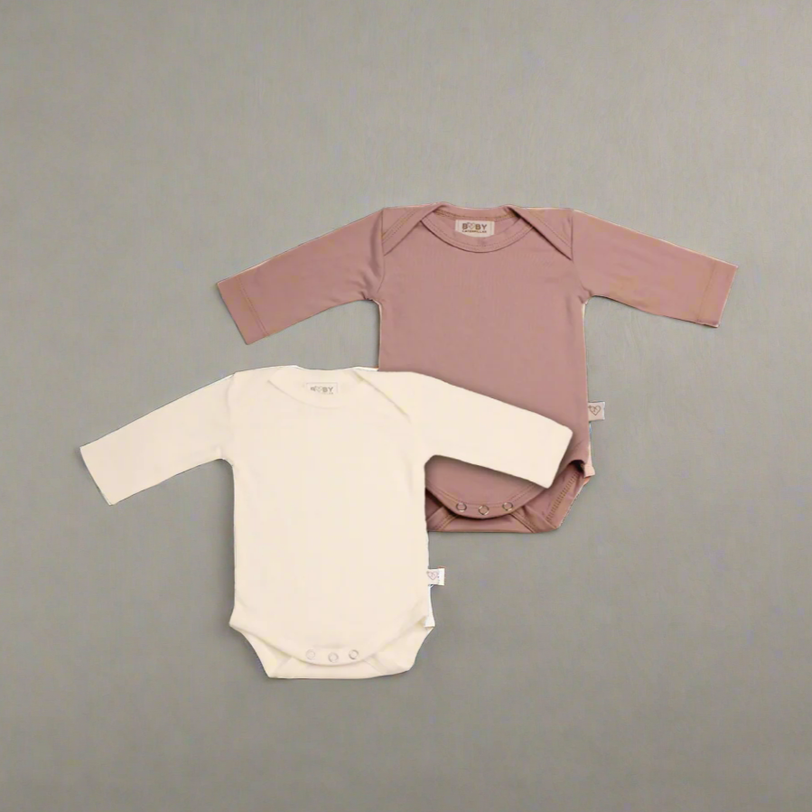 Cream & Blush merino wool baby long-sleeve bodysuit x2 made in New Zealand by Baby Caterpillar
