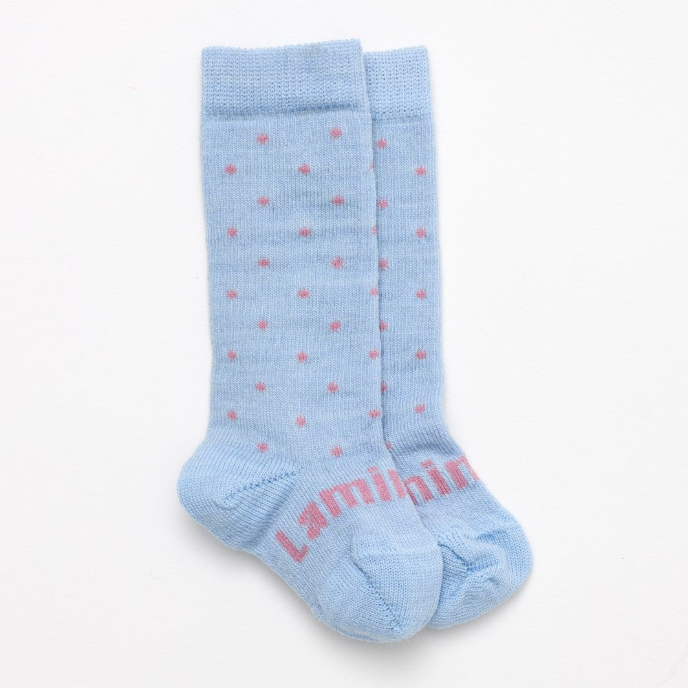 Baby blue polka dots merino wool baby knee-high socks by Lamington and Baby Caterpillar, made in New Zealand.
