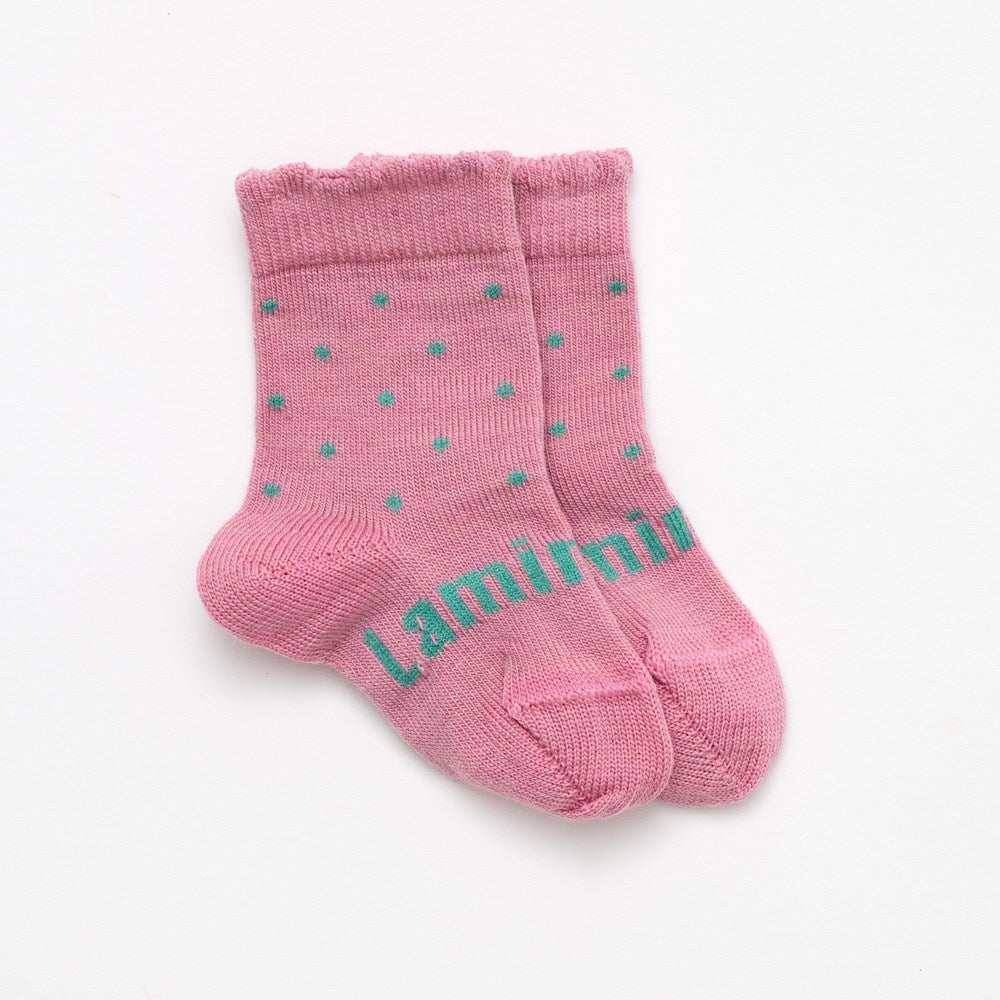 Pink and green polka dots merino wool baby crew socks by Lamington and Baby Caterpillar, made in New Zealand.