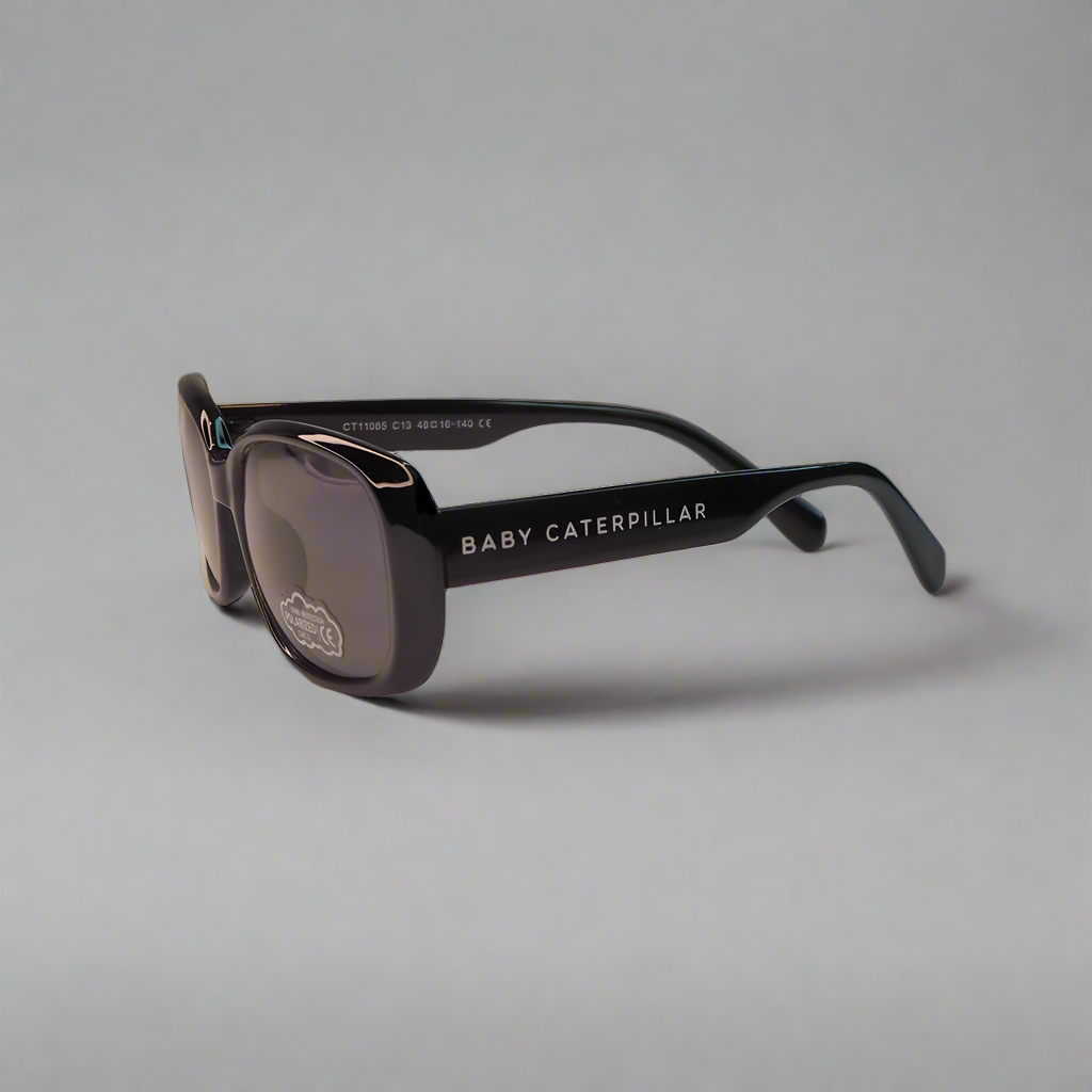Baby Caterpillar Bubbles sunglasses in black with flexible frame and UV-protective lenses, designed for ages 0–6 years