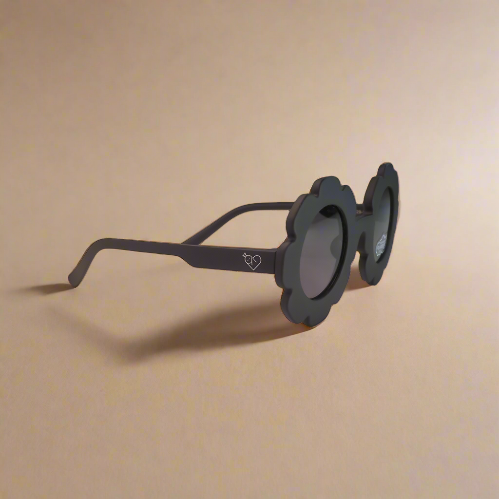 Black sunglasses with unique frame design on a white background